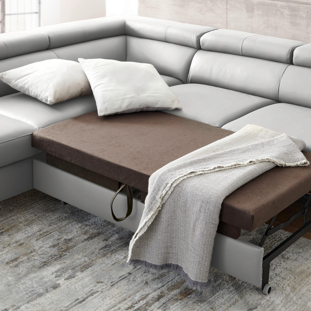 ECKSOFA Echtleder Hellgrau  - Hellgrau/Schwarz, Design, Leder/Metall (220/256cm) - Celina Home