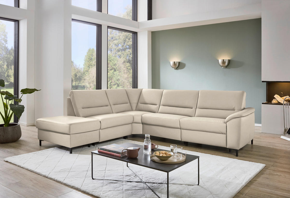 ECKSOFA Echtleder Ecru  - Ecru/Schwarz, Konventionell, Leder/Metall (249/290cm) - Beldomo Premium