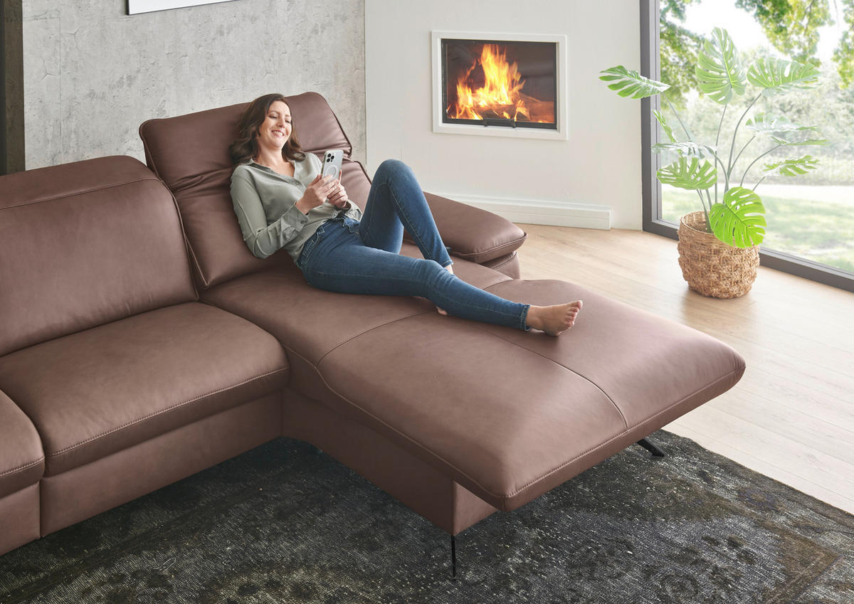 ECKSOFA Echtleder Rotbraun  - Rotbraun/Schwarz, Design, Leder/Metall (307/169cm) - Beldomo Premium