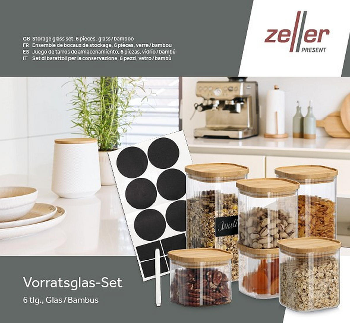VORRATSGLÄSERSET 6-teilig  - Transparent/Naturfarben, Basics, Glas/Holz (27,5/28/25,5cm) - Zeller Present