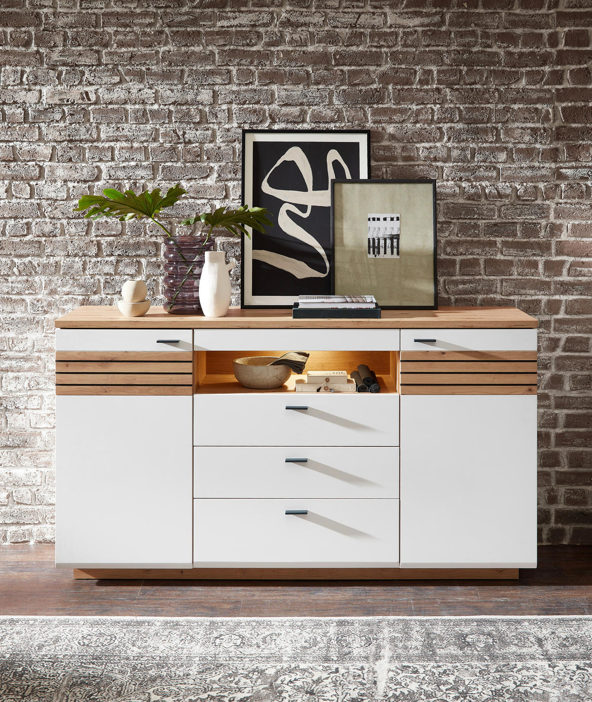 SIDEBOARD Weiss, Eiche Artisan  175/97/47 cm  - Weiss/Anthrazit, Design, Holzwerkstoff/Metall (175/97/47cm) - Stylife