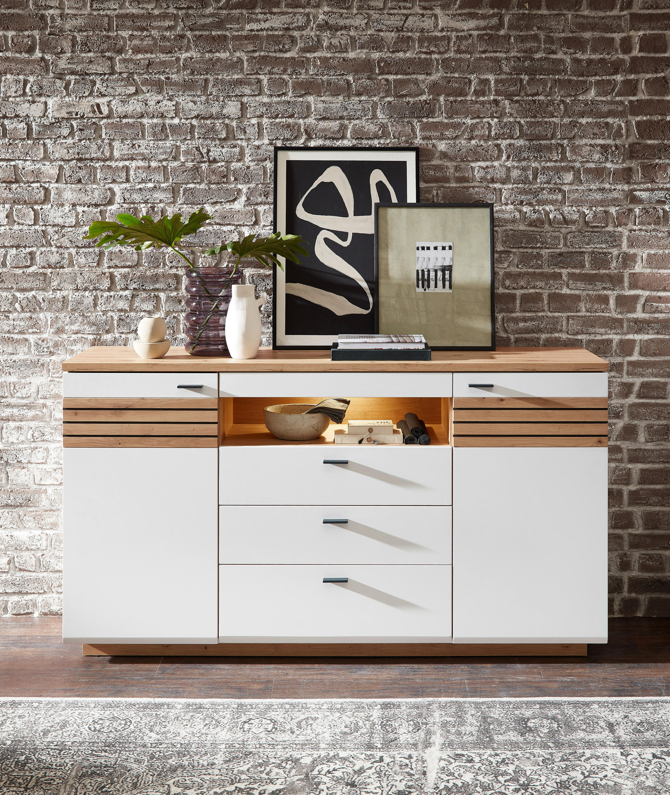Thumbnail - Stylife Sideboard Fresno, Weiß, Eiche Artisan, Holzwerkstoff, 4 Fächer, 3 Schublade(n) Schubladen, 175x97x47 cm, Typenau...