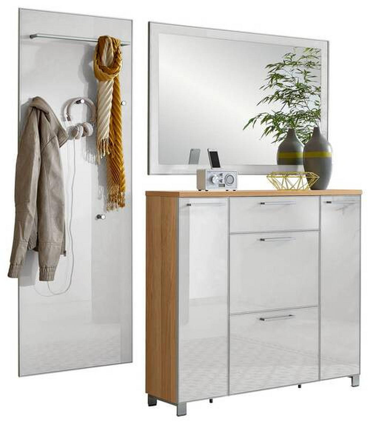 GARDEROBE 3-teilig  in 190/195/31 cm  - Weiss/Eichefarben, Design, Glas/Holz (190/195/31cm)