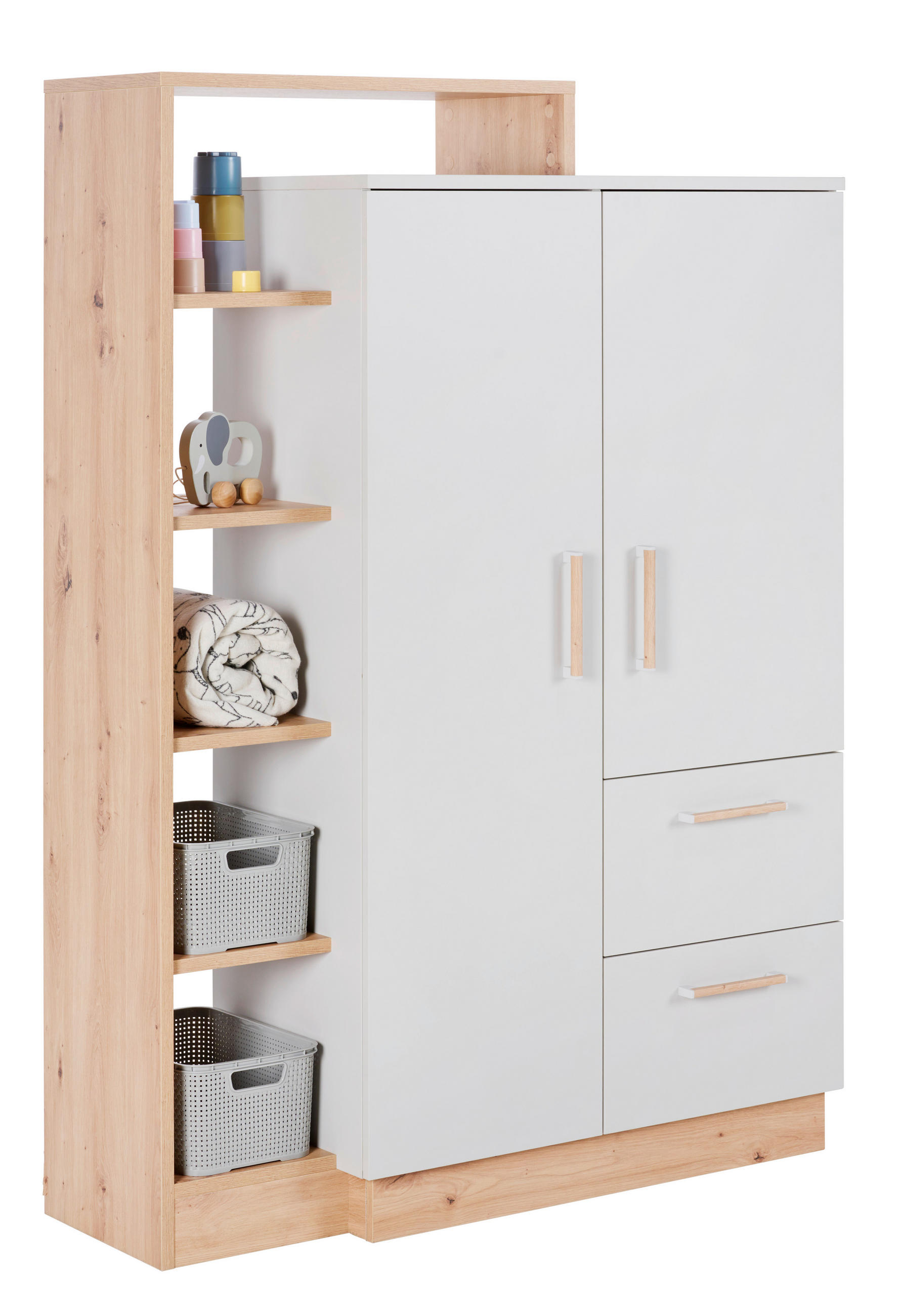 Thumbnail - Jimmylee Babykleiderschrank Leo, Grau, Eiche, Kunststoff, 3 Fächer, 2 Schubladen, 83x145x42 cm, DIN EN ISO 9001, Beimöbe...