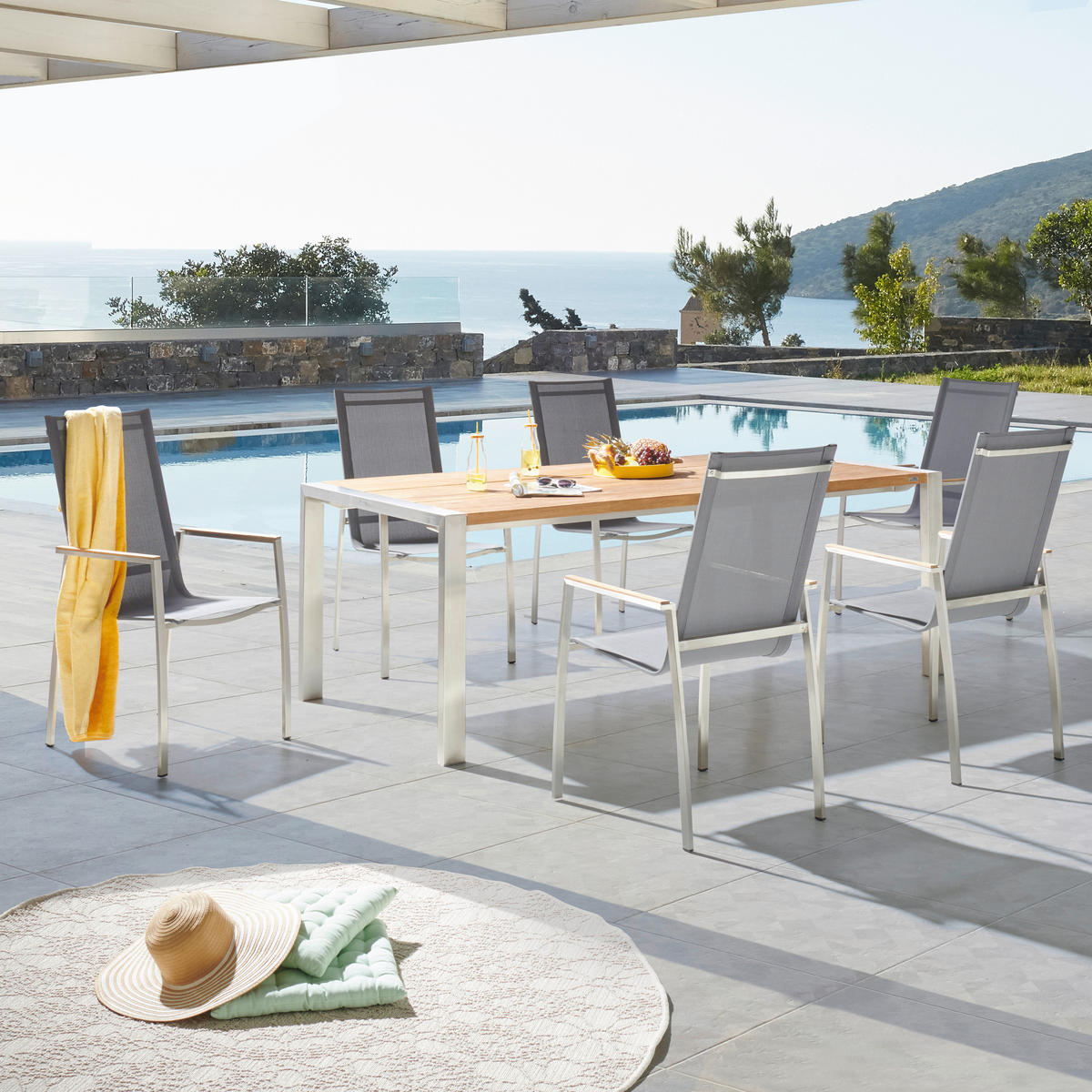 STAPELSESSEL Teakholz Edelstahl Grau, Edelstahlfarben  - Edelstahlfarben/Grau, KONVENTIONELL, Holz/Textil (56/103/65cm) - Amatio