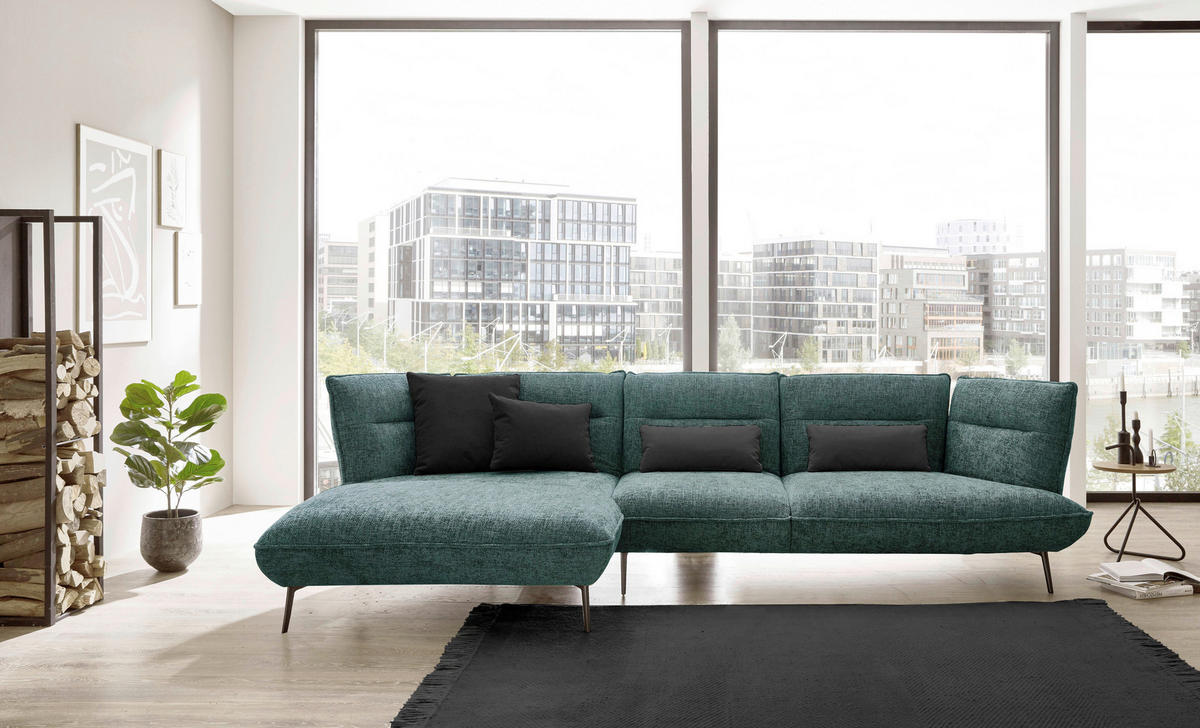 ECKSOFA in Flachgewebe Blau, Grün  - Blau/Schwarz, Design, Textil/Metall (153/339cm) - Moderano