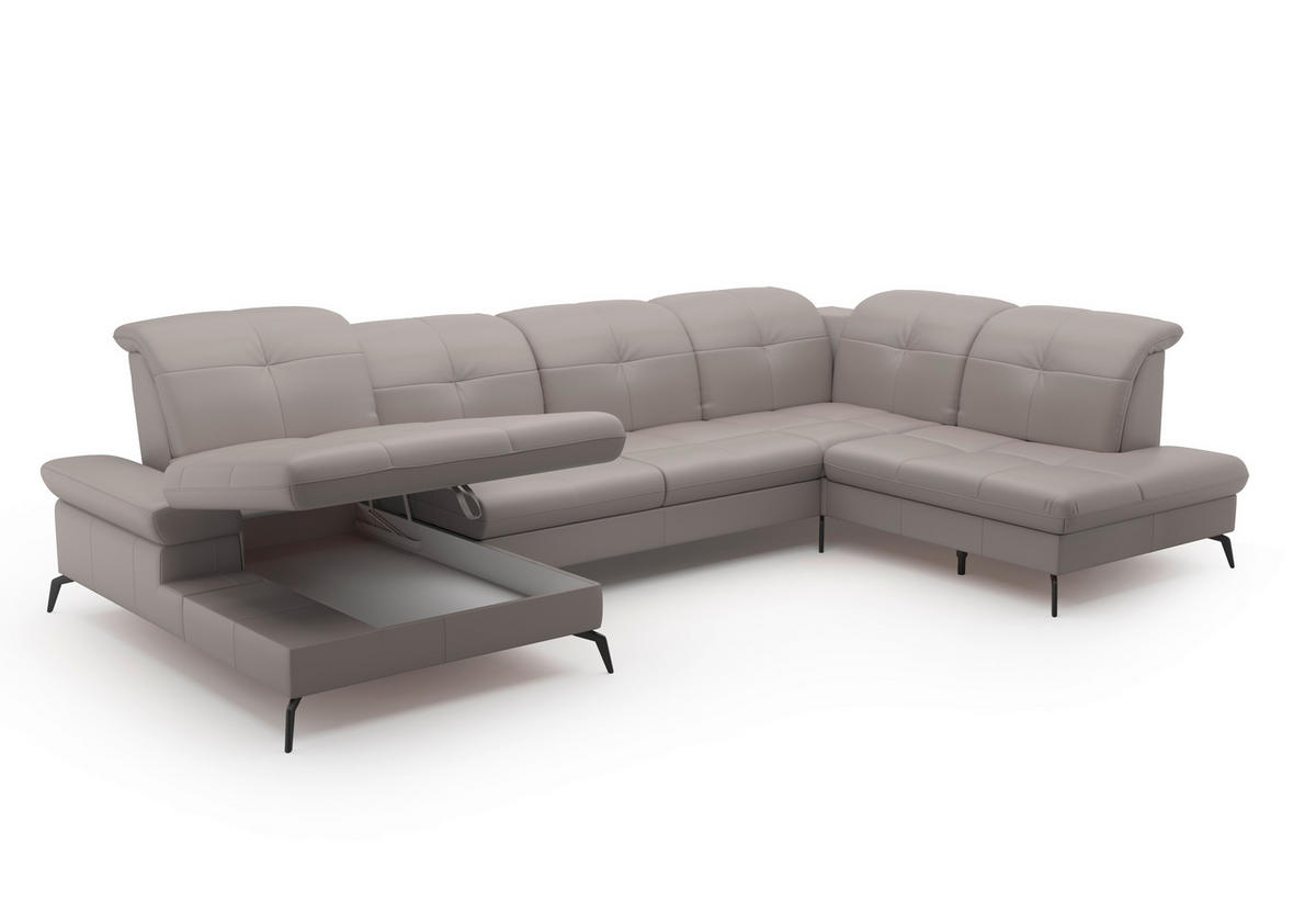 WOHNLANDSCHAFT in Echtleder Hellgrau  - Hellgrau/Schwarz, Konventionell, Leder/Metall (185/357/231cm) - Sit & More