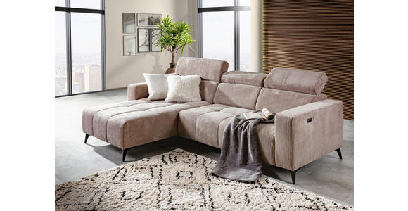 ECKSOFA Taupe Cord Rücken echt, Kopfteilverstellung, Sitzvorzug  - Taupe/Schwarz, KONVENTIONELL, Textil/Metall (170/257cm) - Carryhome