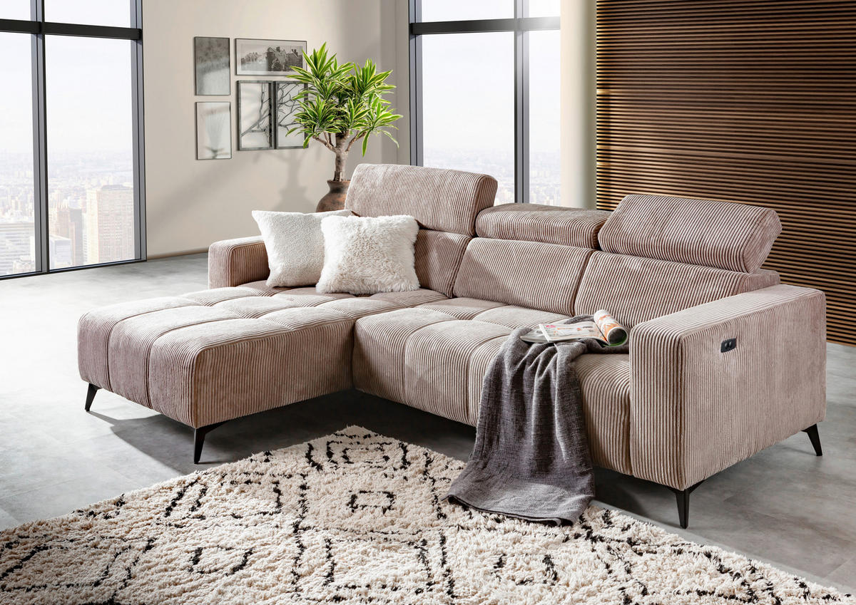 ECKSOFA Taupe Cord Rücken echt, Kopfteilverstellung, Sitzvorzug  - Taupe/Schwarz, KONVENTIONELL, Textil/Metall (170/257cm) - Carryhome
