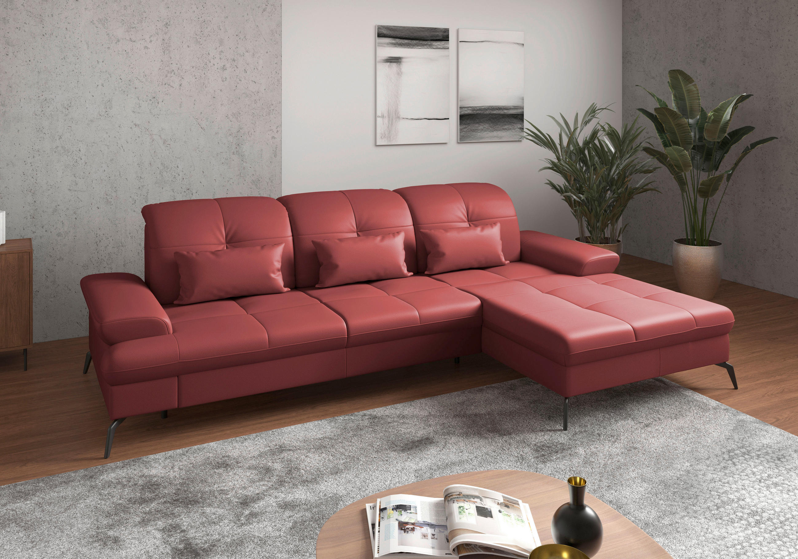 ECKSOFA Rot Echtleder  - Rot/Schwarz, KONVENTIONELL, Leder/Metall (279/185cm) - Sit & More