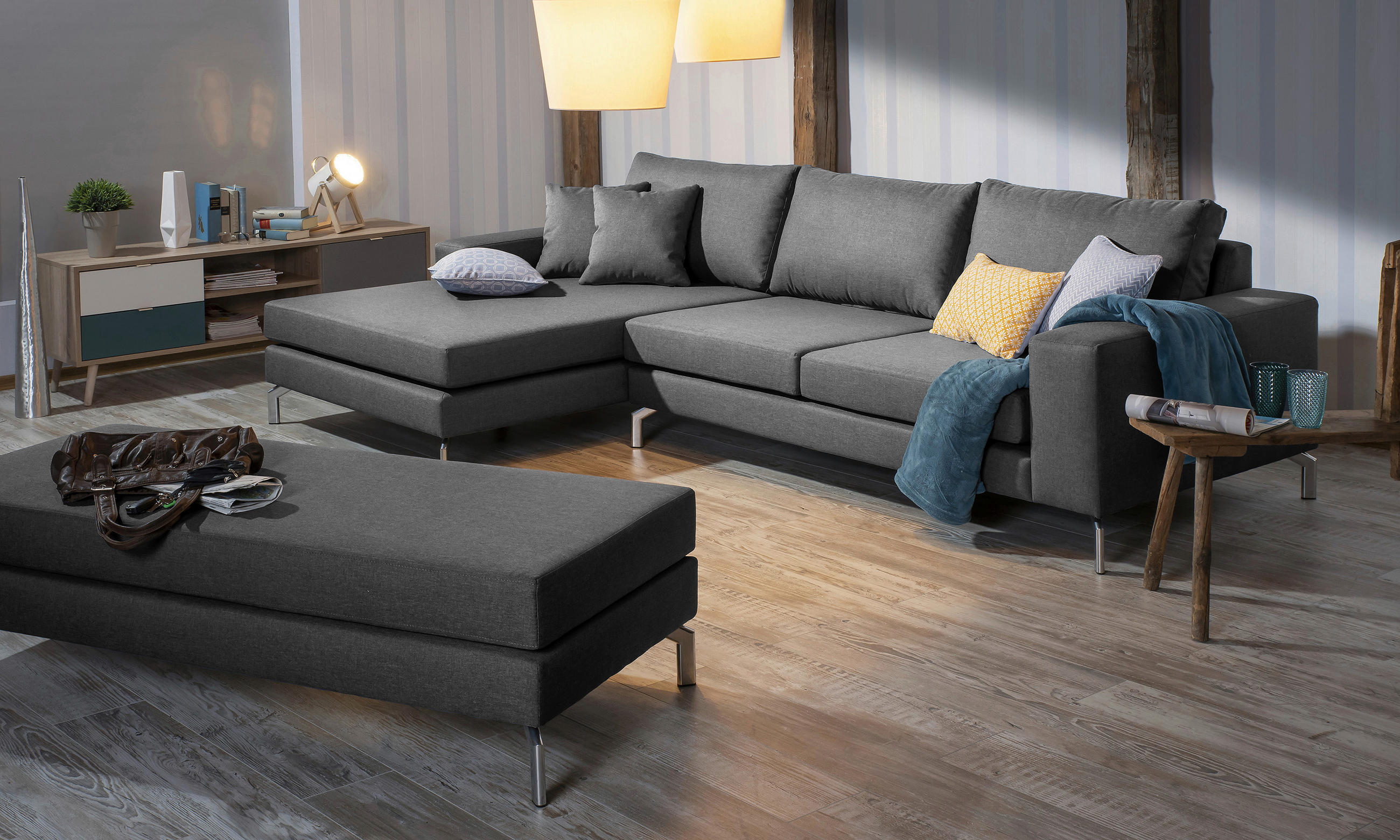 ECKSOFA Anthrazit Flachgewebe  - Anthrazit/Silberfarben, Design, Textil/Metall (175/294cm) - Max Winzer