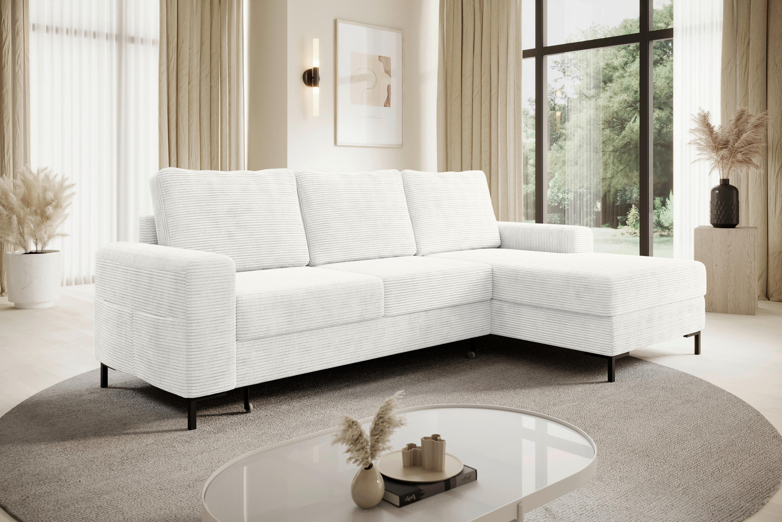 ECKSOFA Creme Cord  - Creme/Schwarz, KONVENTIONELL, Textil/Metall (240/150cm) - Carryhome