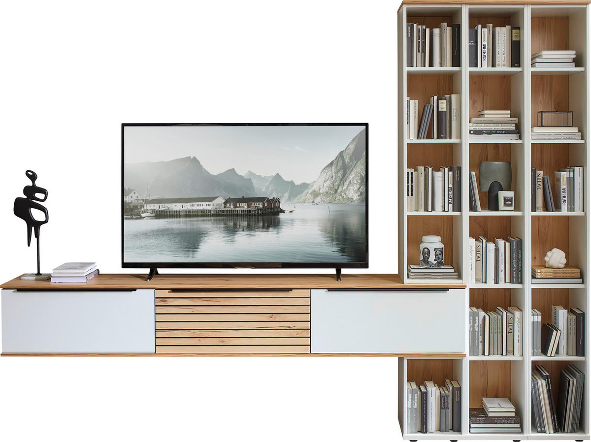 WOHNWAND 2-teilig  in Weiß, Buchefarben  285/215/40 cm  - Buchefarben/Schwarz, KONVENTIONELL, Holzwerkstoff/Kunststoff (285/215/40cm) - Venda