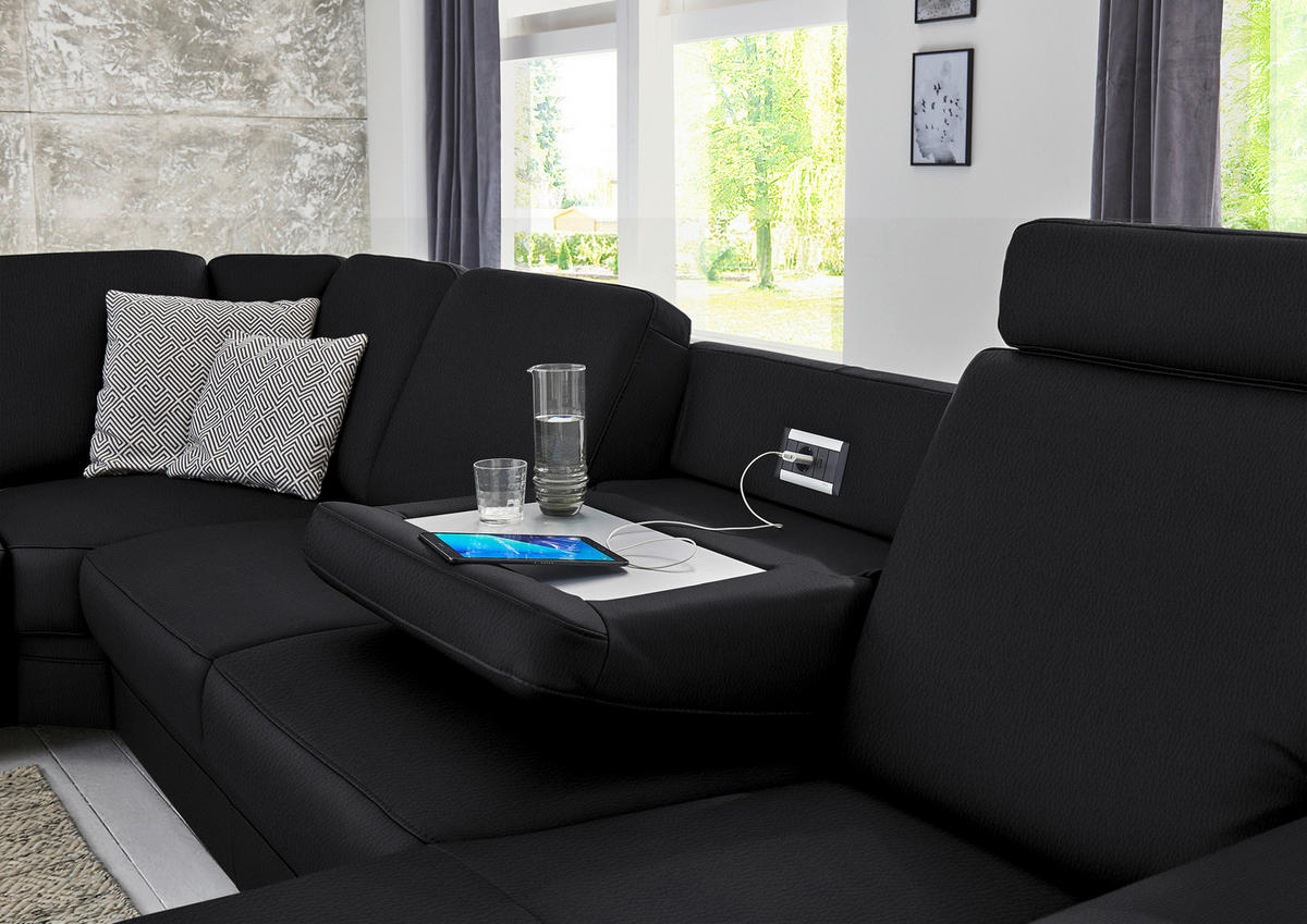 WOHNLANDSCHAFT Echtleder Schwarz  - Alufarben/Schwarz, Konventionell, Leder/Metall (239/329/165cm) - Beldomo Premium