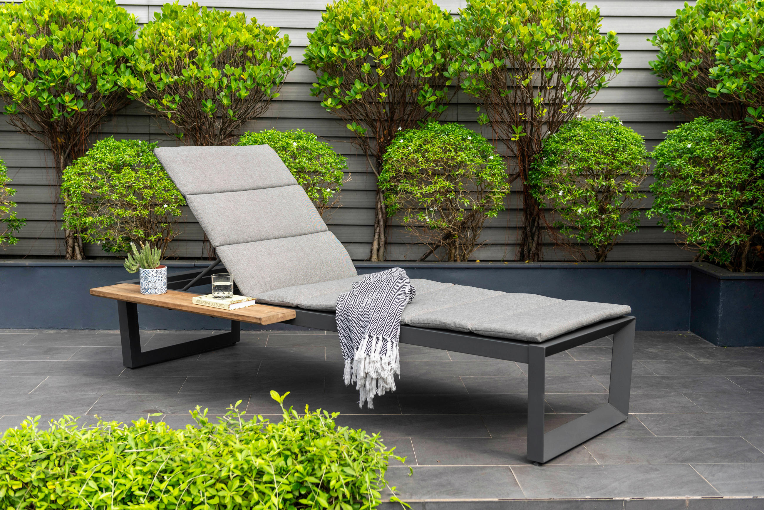 GARTENLIEGE 92/102/214 cm Recyclingholz, Teakholz  - Anthrazit/Beige, MODERN, Holz/Textil (92/102/214cm) - Amatio