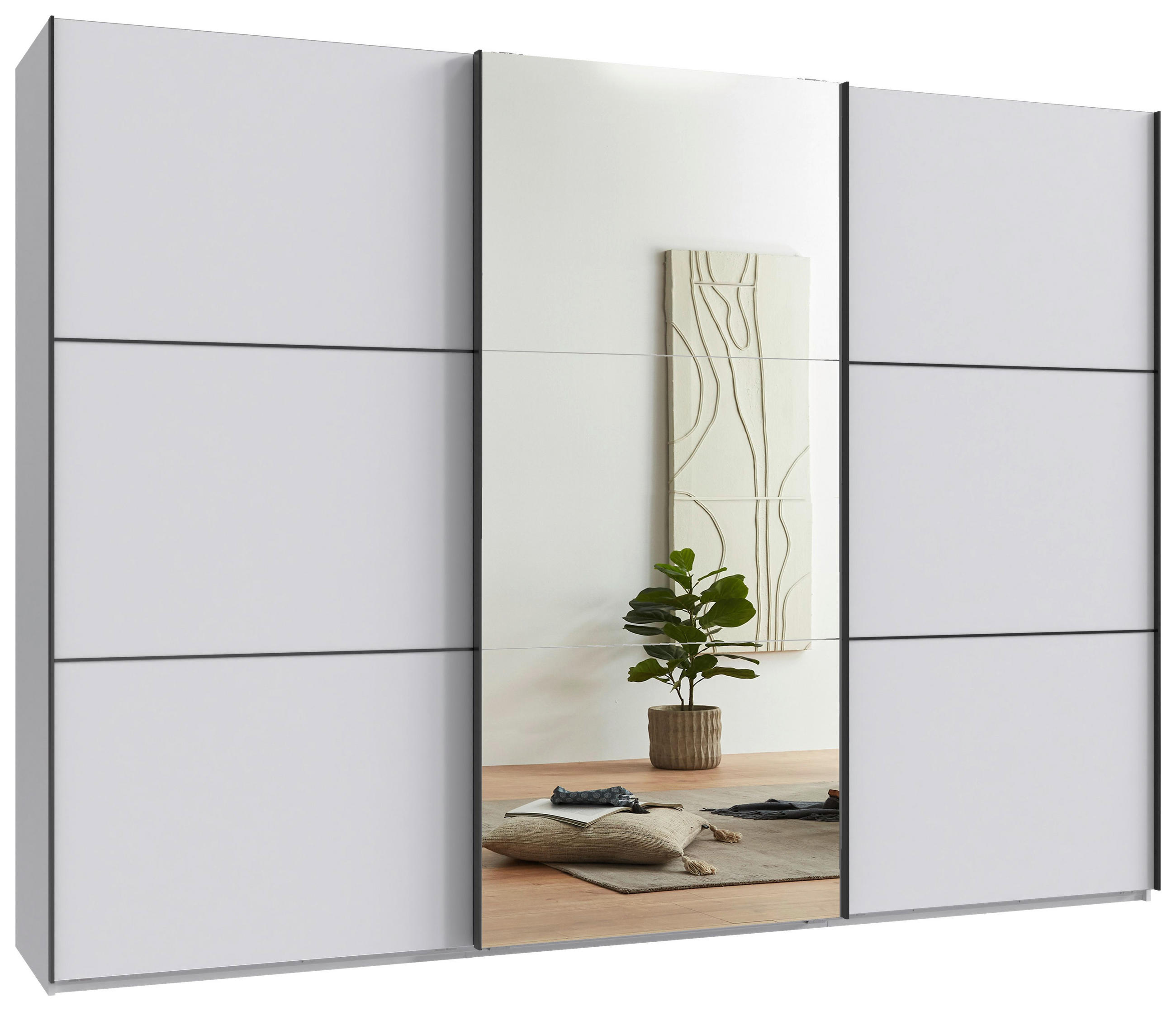 Schwebetürenschrank Indian A Weiß Dekor/Spiegel, B: 300cm