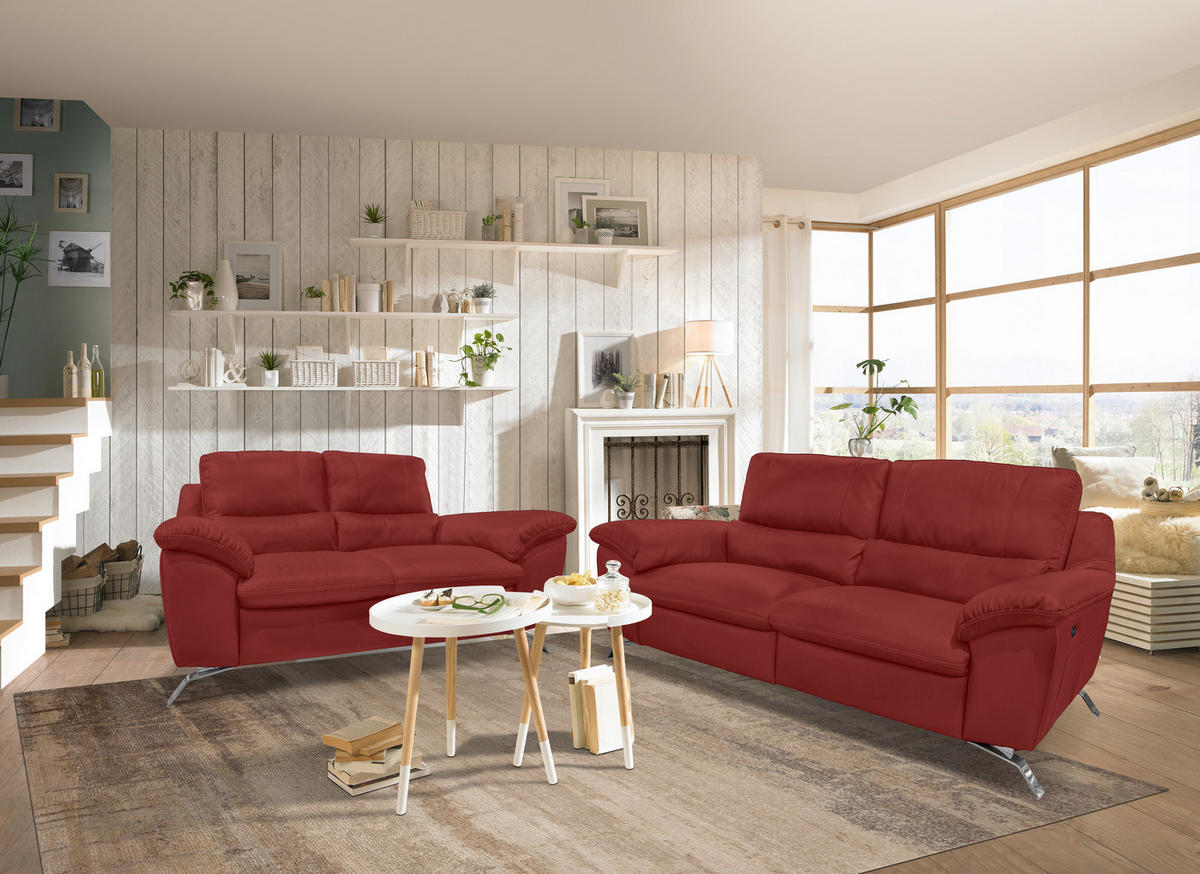 2,5-SITZER Kombination Echtleder/Lederlook Rot  - Silberfarben/Rot, Design, Leder/Metall (216/97/95-151cm) - Livetastic
