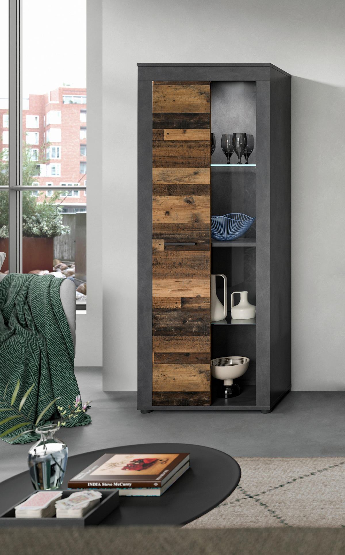 VITRINE in Anthrazit, Naturfarben  - Anthrazit/Schwarz, Design, Glas/Holzwerkstoff (60/159/35cm) - MID.YOU