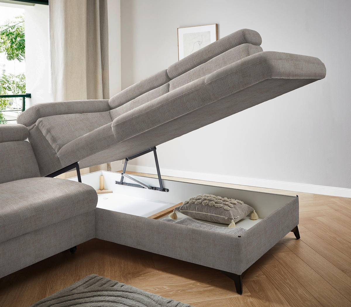 ECKSOFA in Flachgewebe Hellgrau  - Hellgrau/Schwarz, Design, Textil/Metall (260/203cm) - Stylife