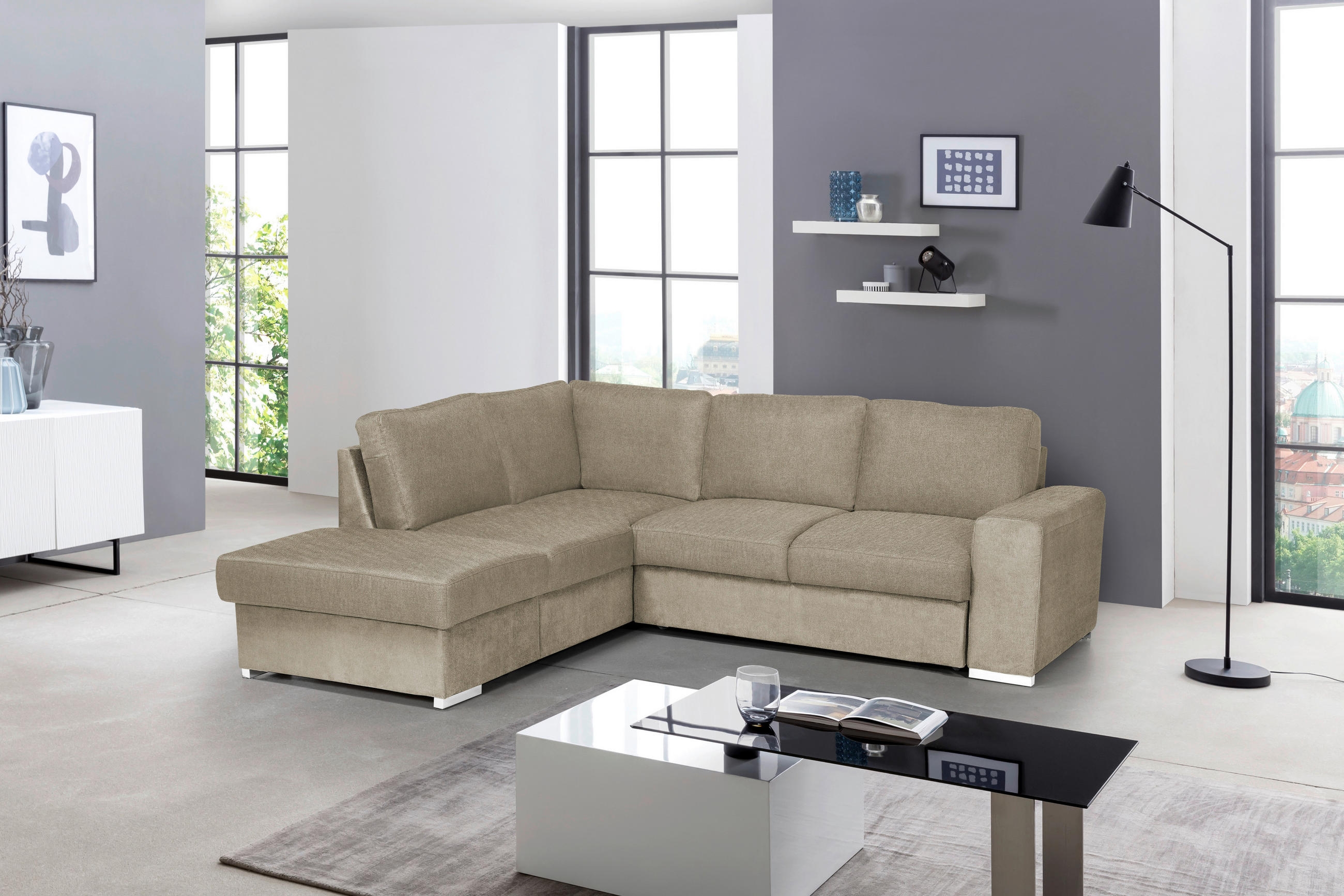 ECKSOFA in Mikrofaser Cappuccino  213/248 cm  - Chromfarben/Cappuccino, KONVENTIONELL, Textil/Metall (213/248cm) - MID.YOU