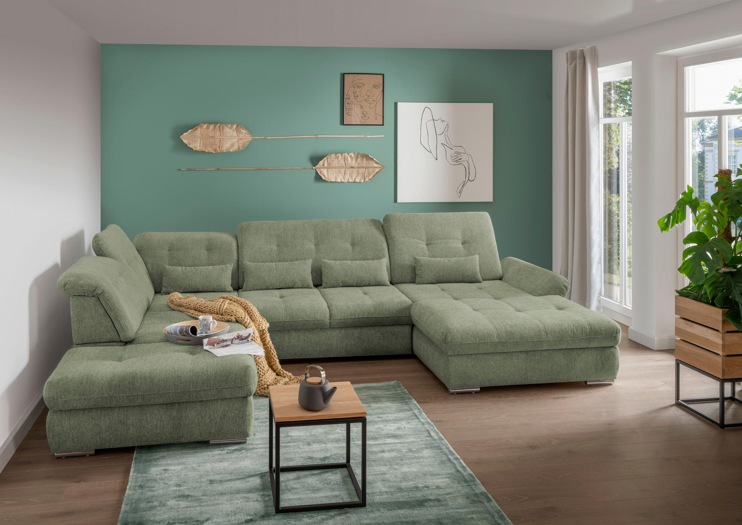 WOHNLANDSCHAFT Grün Chenille - Chromfarben/Grün, Design, Textil/Metall (254/376/195cm) - Livetastic