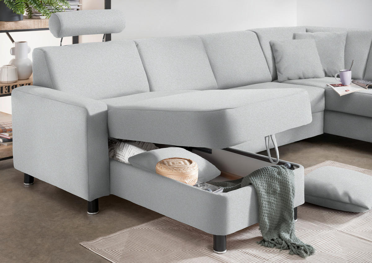 WOHNLANDSCHAFT in Webstoff Hellgrau  - Hellgrau/Schwarz, Design, Holz/Textil (165/296/198cm) - Xora