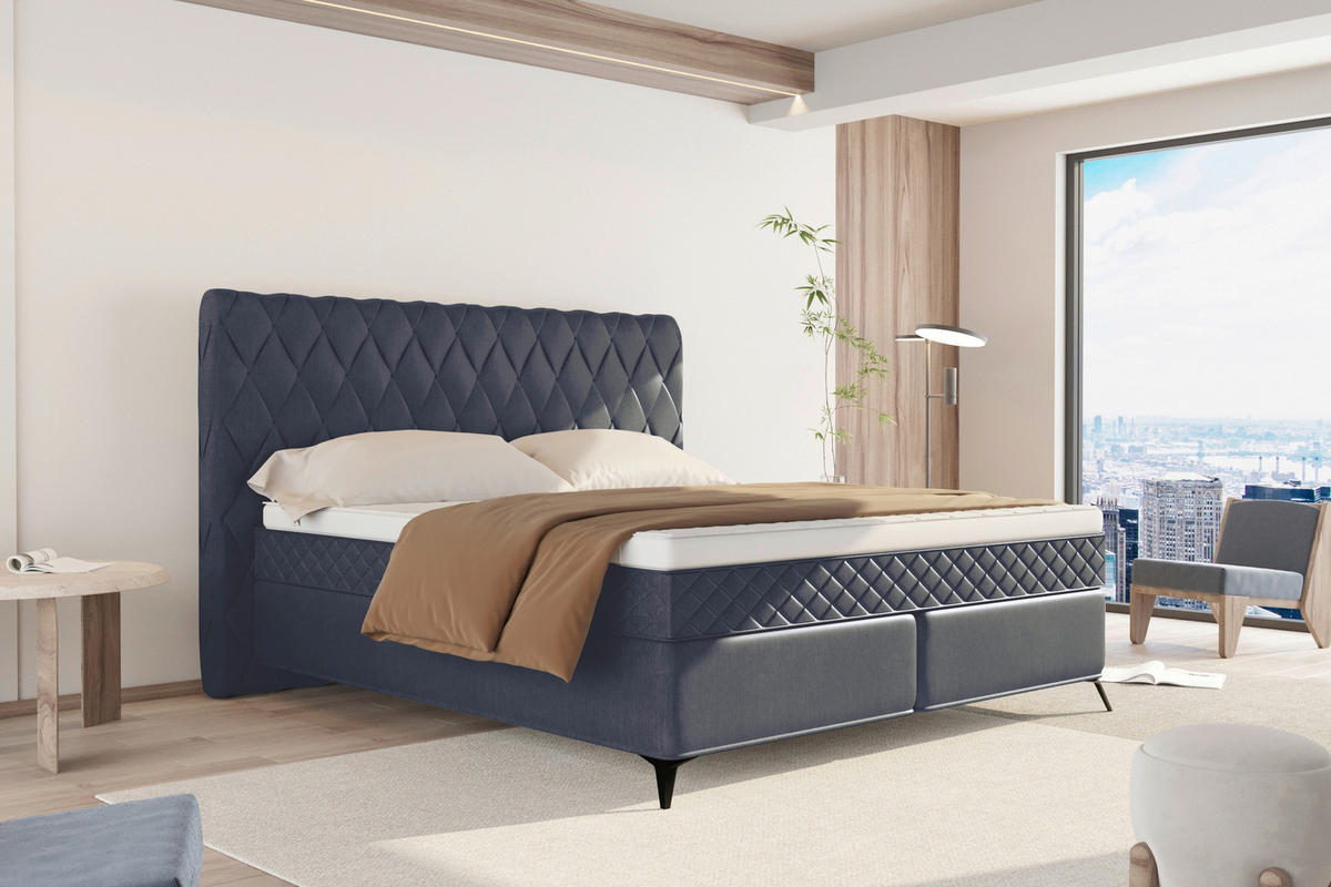 BOXSPRINGBETT 180/200 cm  in Graublau  - Graublau/Schwarz, Design, Textil/Metall (180/200cm) - Boxxx