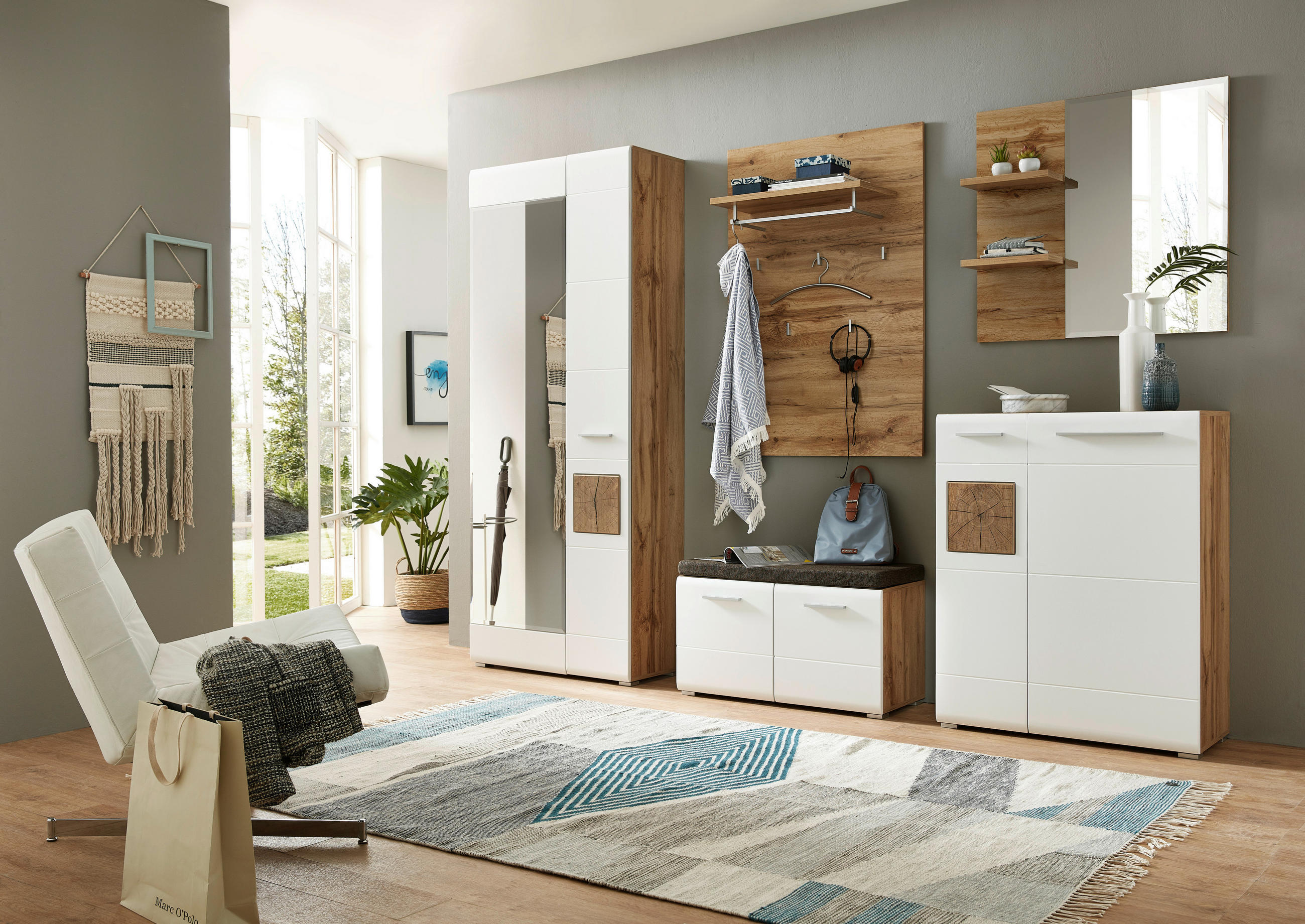 GARDEROBE 7-teilig  in 270/201/37 cm  - Eichefarben/Weiß, KONVENTIONELL, Holzwerkstoff/Textil (270/201/37cm) - Voleo