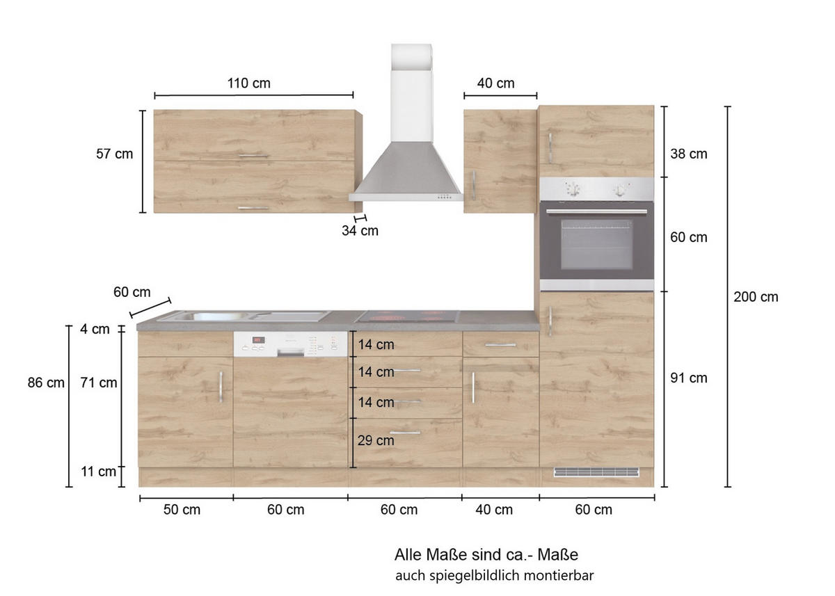 KÜCHENLEERBLOCK 270 cm   in Eichefarben  - Eichefarben/Anthrazit, MODERN, Holzwerkstoff (270cm) - Held