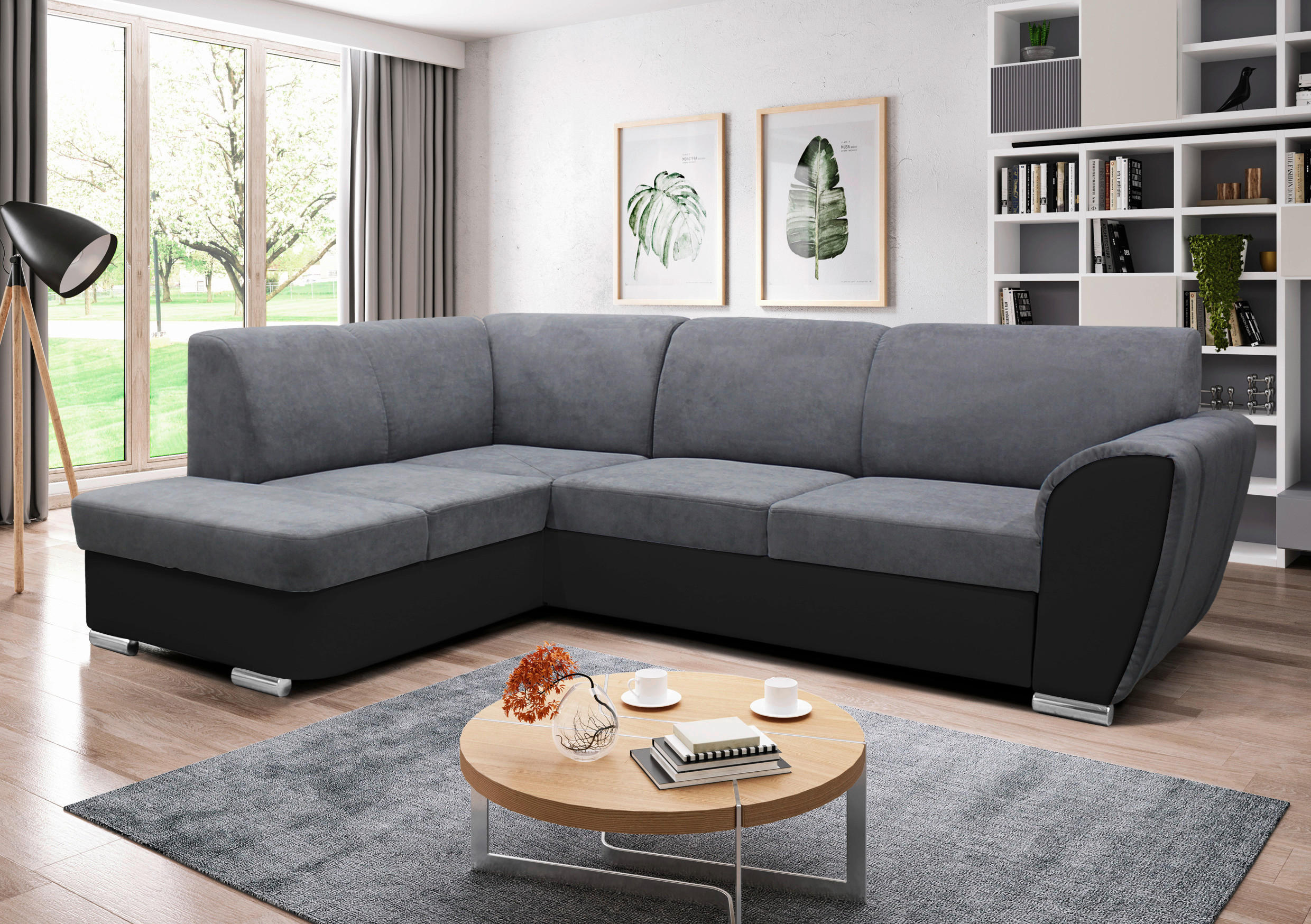 ECKSOFA Grau, Schwarz Velours  - Silberfarben/Schwarz, Design, Kunststoff/Textil (196/255cm) - MID.YOU