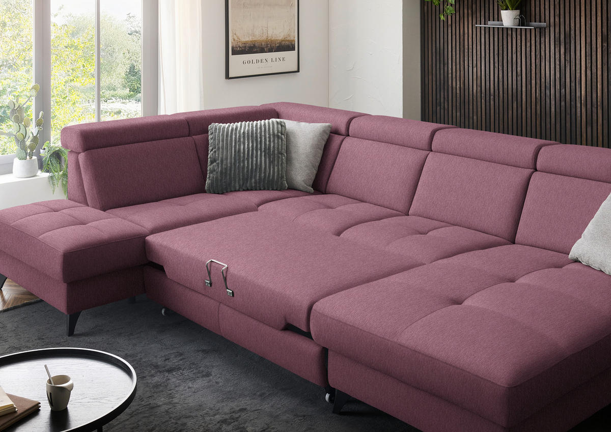 WOHNLANDSCHAFT Flachgewebe Weinrot  - Weinrot/Schwarz, Konventionell, Textil/Metall (215/333/174cm) - Beldomo System