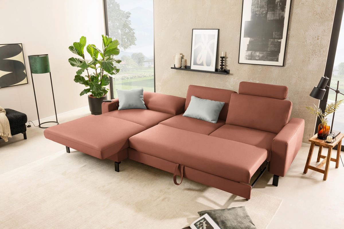 ECKSOFA  in Cord Rostfarben Rücken echt, Sitztiefenverstellung  185/298 cm  - Rostfarben/Schwarz, Design, Textil/Metall (185/298cm) - Pure Home Lifestyle