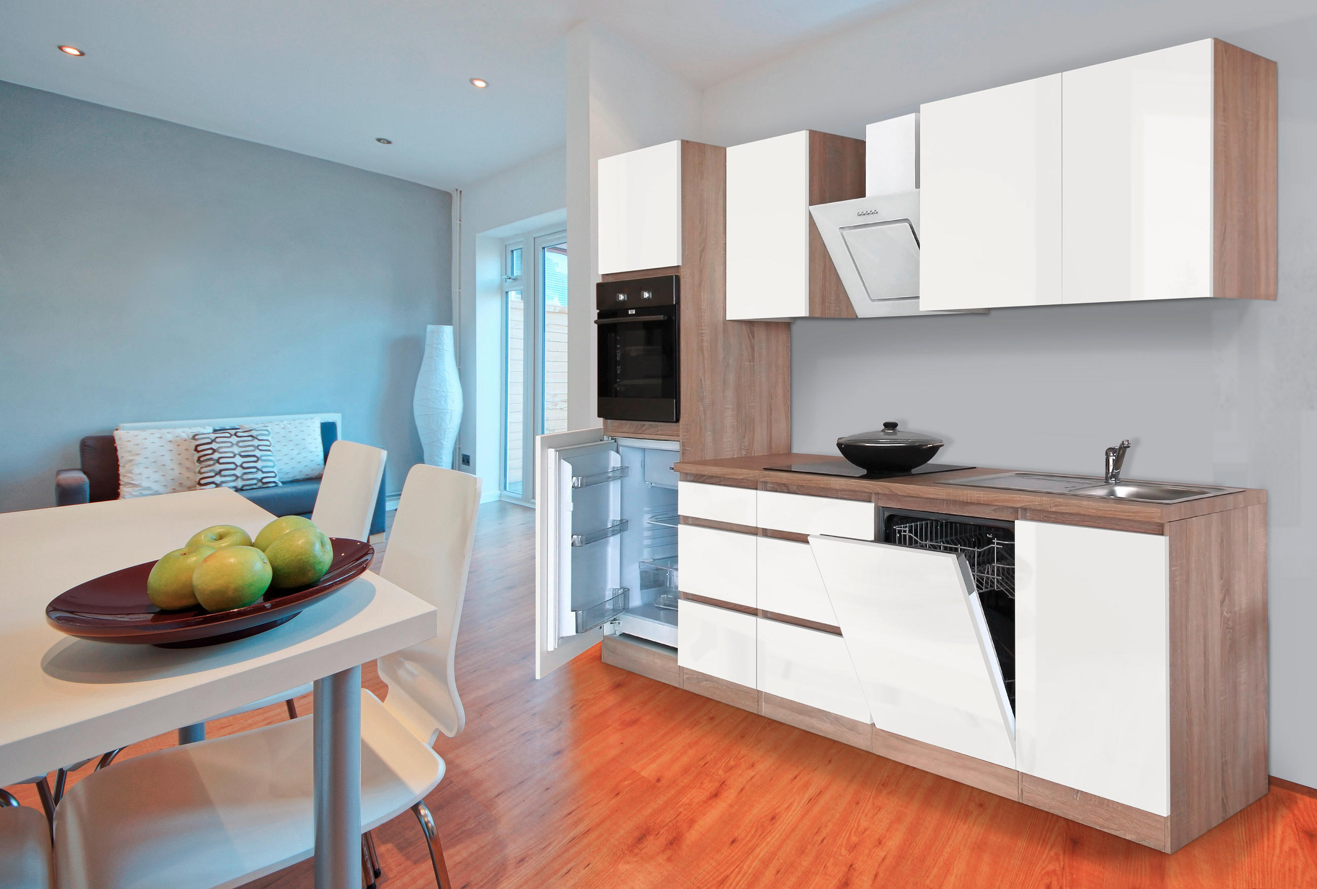 Küchenzeile Premium mit Geräten 280 cm Weiß/Eiche Dekor Modern