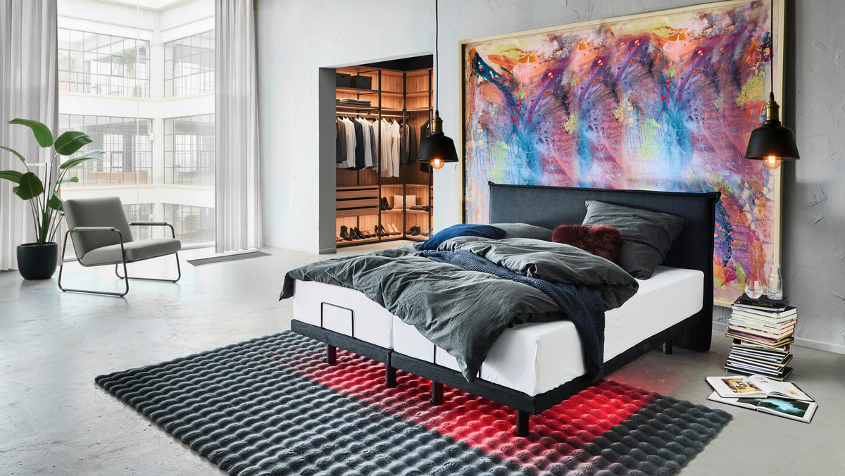 BOXBETT 180/200 cm,  in Graphitfarben, gepolstertes Kopfteil, Beleuchtung, Soundsystem, motorische Verstellbarkeit, Fernbedienung, Matratzen, Befestigungsmaterial, Unterbodenbeleuchtung, H3 = fest  - Schwarz/Graphitfarben, Design, Textil/Metall (180/200cm) - Chameo