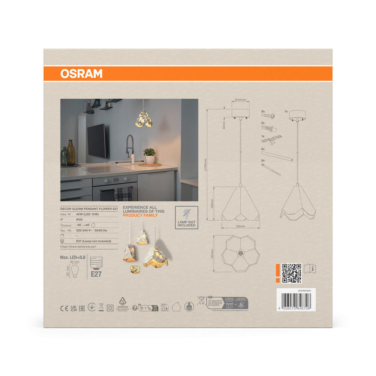 HÄNGELEUCHTE 26,4/26,2/150 cm  - Beige, Basics, Stein (26,4/26,2/150cm) - Osram