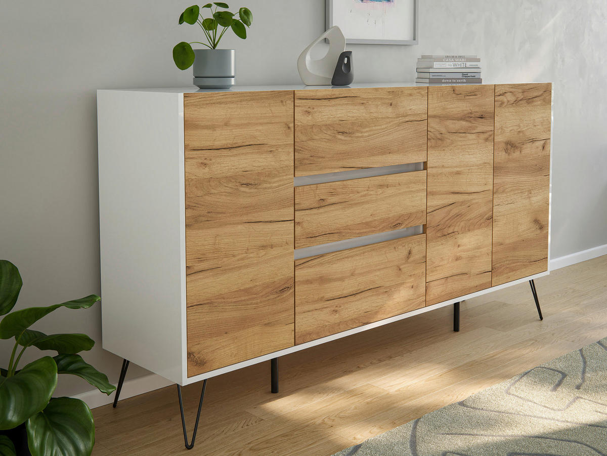 SIDEBOARD Posseik Industrial 177/93,6/42 cm 3 Schublade(n)  - Eichefarben/Weiß Hochglanz, Design, Holzwerkstoff/Metall (177/93,6/42cm) - P & B