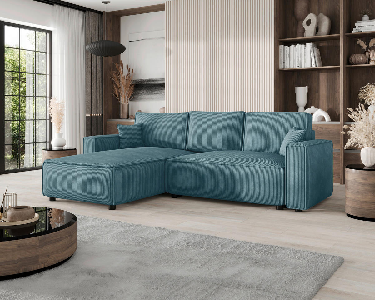 ECKSOFA Türkis Cord Zierkissen, Rückenkissen, Bettkasten, Schlaffunktion, Rücken echt, Liegefläche im Originalstoff  - Türkis/Schwarz, MODERN, Kunststoff/Textil (190/280cm) - Carryhome