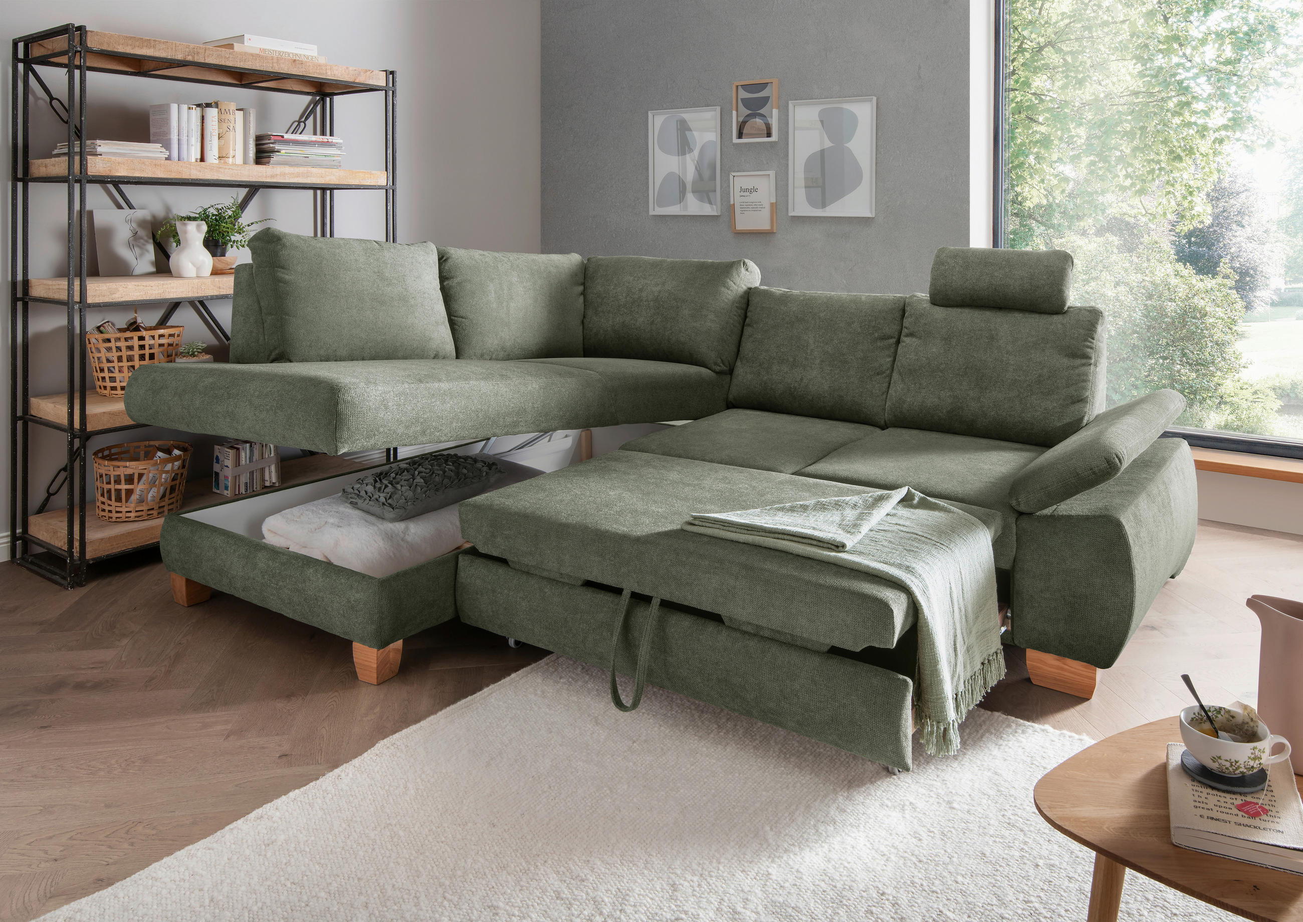 ECKSCHLAFSOFA in Chenille Dunkelgrün  - Wildeiche/Dunkelgrün, Modern, Holz/Textil (206/261cm) - Livetastic