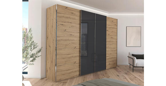 SCHWEBETÜRENSCHRANK 316/235/68 cm 4-türig Schwarz, Eiche Artisan - Chromfarben/Schwarz, KONVENTIONELL, Glas/Holzwerkstoff (316/235/68cm) - Novel