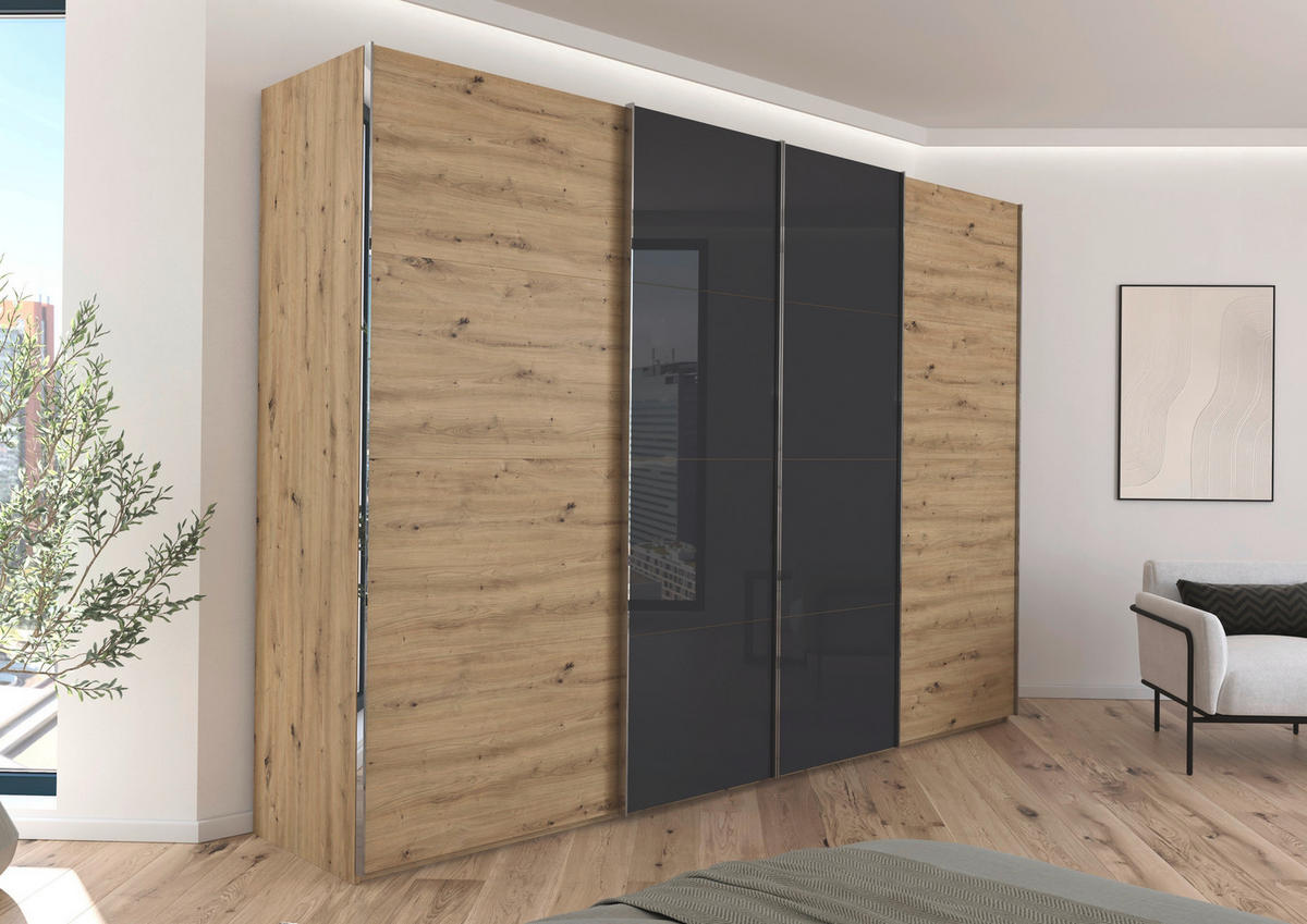 SCHWEBETÜRENSCHRANK 316/235/68 cm 4-türig Schwarz, Eiche Artisan  - Chromfarben/Schwarz, KONVENTIONELL, Glas/Holzwerkstoff (316/235/68cm) - Novel