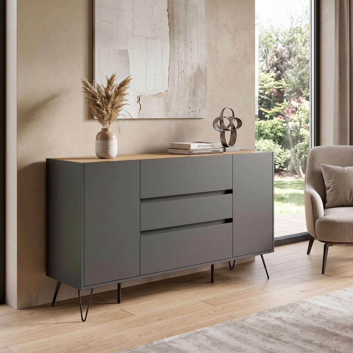 SIDEBOARD Posseik Industrial 155/93,6/42 cm 3 Schublade(n)  - Eichefarben/Graphitfarben, Design, Holzwerkstoff/Metall (155/93,6/42cm) - MID.YOU