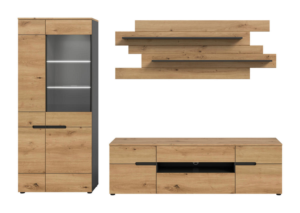 WOHNWAND 5-teilig  in Eiche Artisan  280/190/44 cm  - Schwarz/Eiche Artisan, Design, Holzwerkstoff/Kunststoff (280/190/44cm) - Livetastic