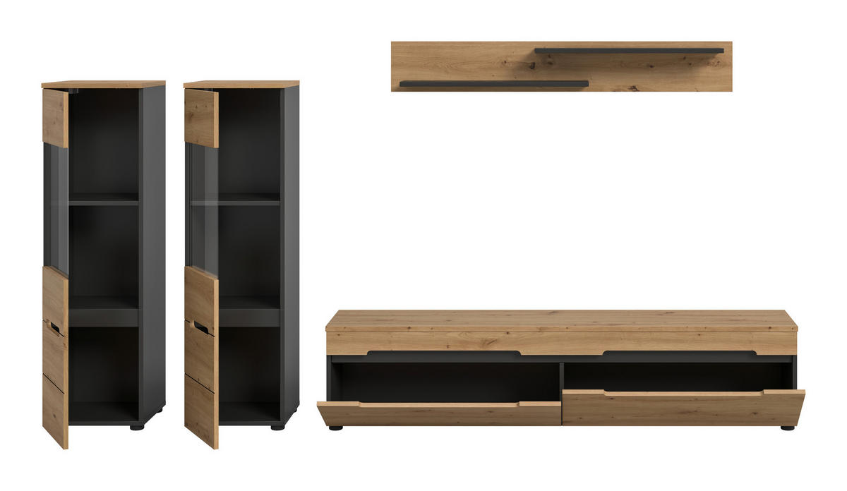 WOHNWAND 3-teilig  in Eiche Artisan  272/141/33 cm  - Schwarz/Eiche Artisan, Design, Holzwerkstoff/Kunststoff (272/141/33cm) - Livetastic