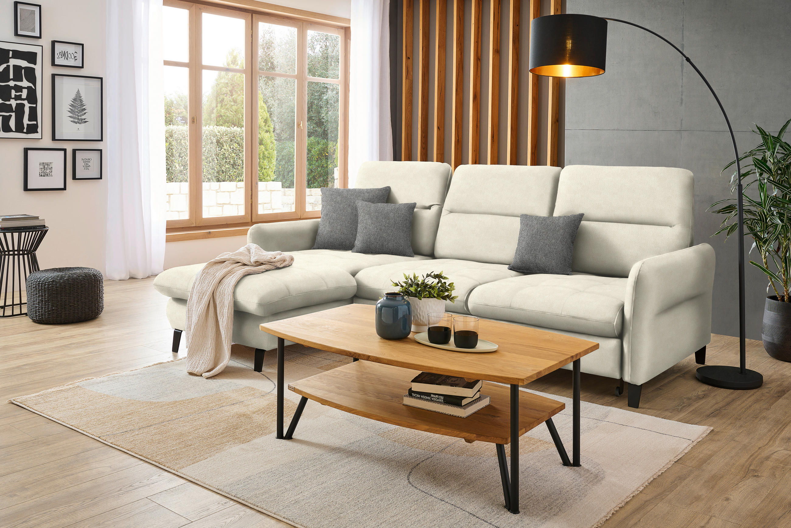 ECKSOFA Creme Flachgewebe  - Creme/Schwarz, KONVENTIONELL, Textil/Metall (190/254cm) - Livetastic