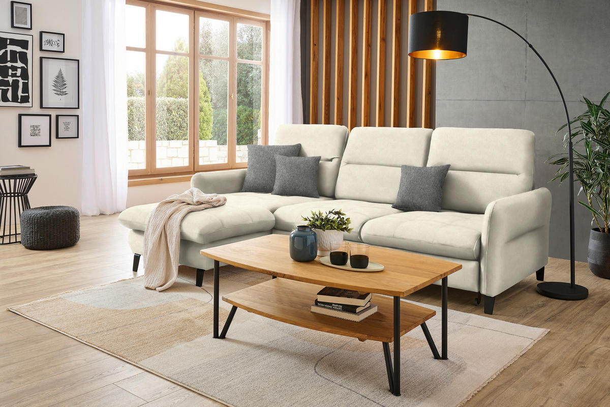 ECKSOFA Creme Flachgewebe  - Creme/Schwarz, KONVENTIONELL, Textil/Metall (190/254cm) - Livetastic