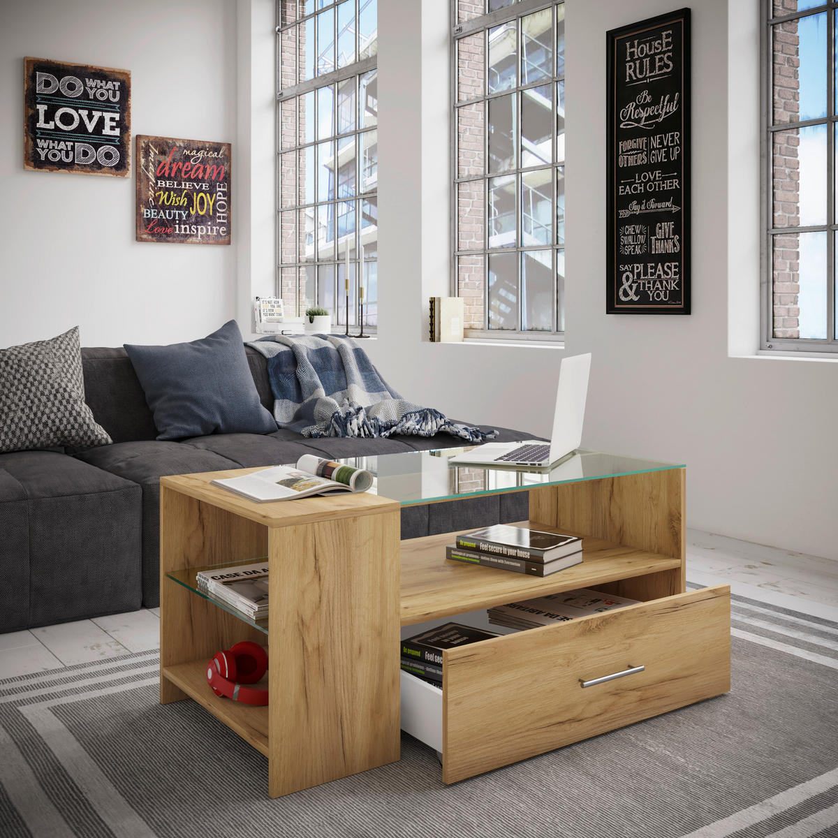 COUCHTISCH in Glas, Holzwerkstoff 50/100/45 cm  - Eichefarben/Honig, Basics, Glas/Holzwerkstoff (50/100/45cm) - MID.YOU