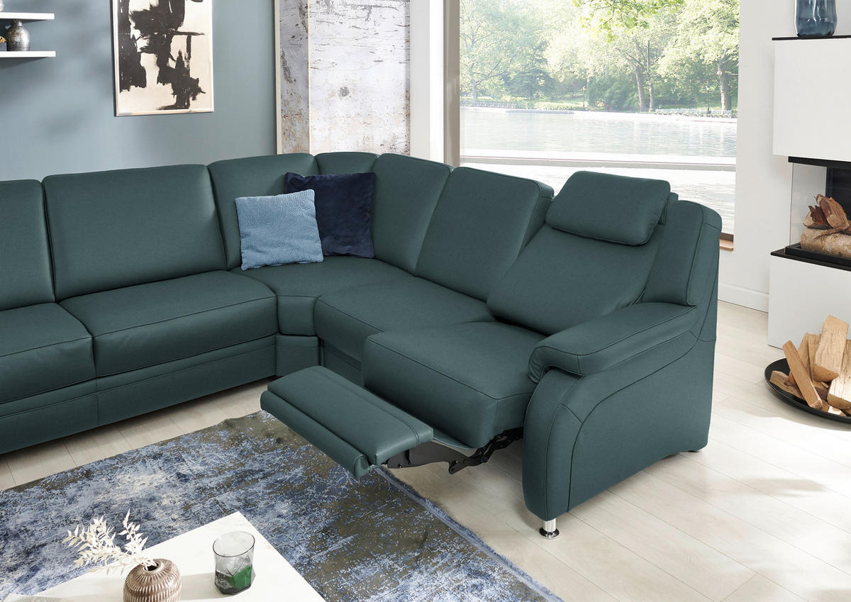 WOHNLANDSCHAFT Echtleder Graublau  - Graublau/Alufarben, Konventionell, Leder/Metall (165/329/239cm) - Beldomo Premium