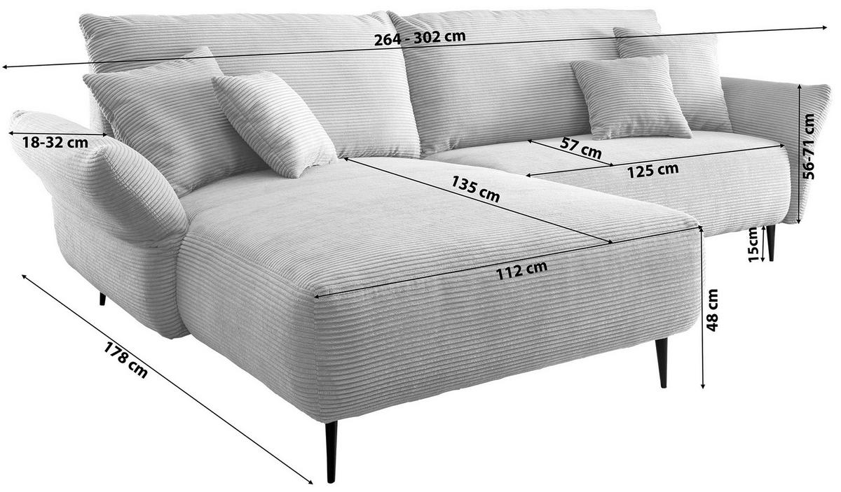 ECKSOFA Beige Cord  - Beige/Schwarz, Design, Textil/Metall (178/264-302cm) - Livetastic