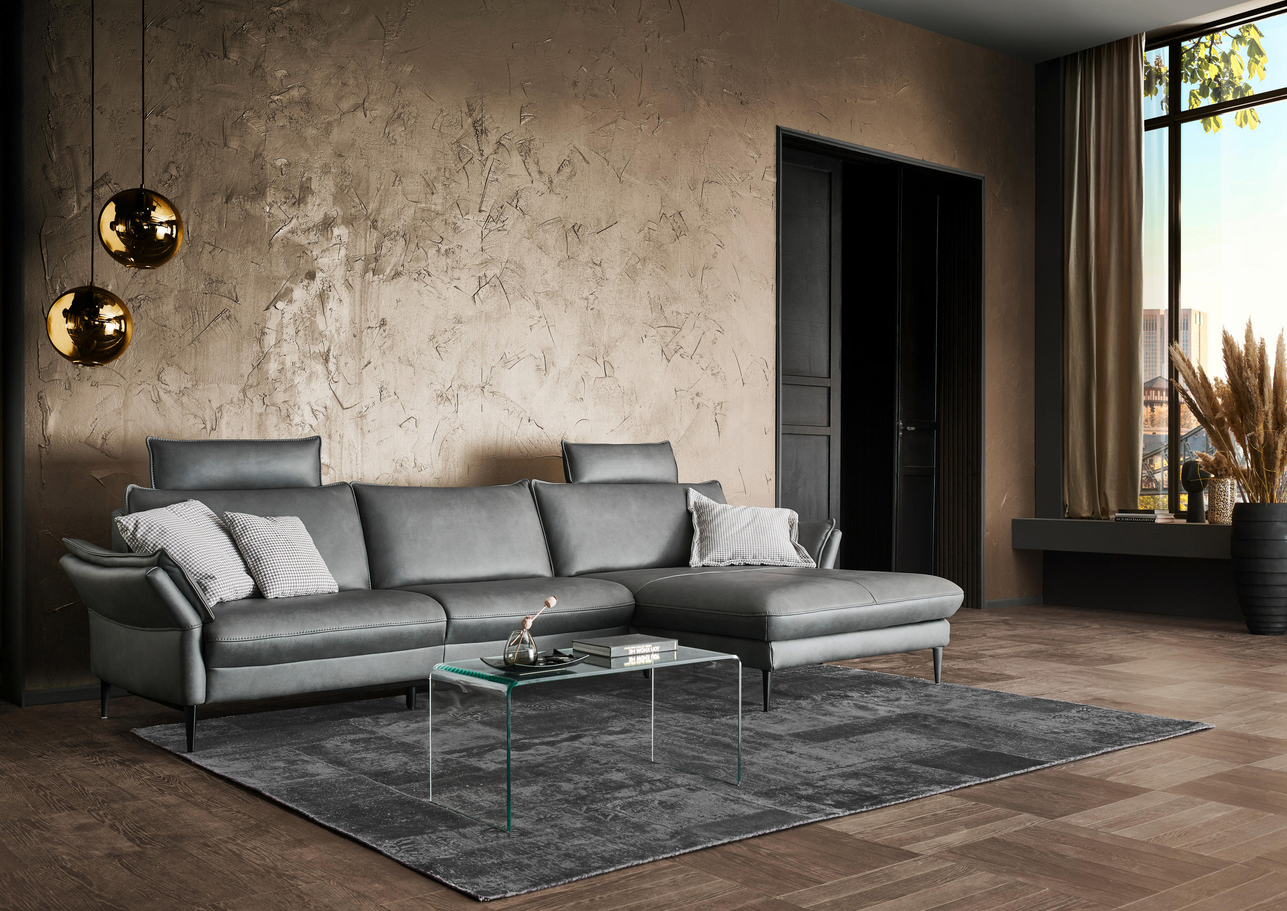 ECKSOFA Anthrazit Echtleder  - Anthrazit/Schwarz, Design, Leder/Metall (334/172cm) - Hukla