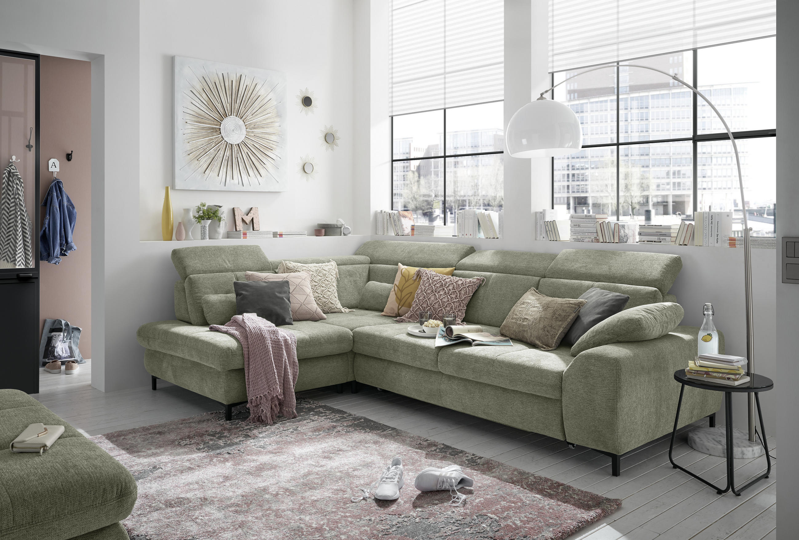 ECKSOFA Grün Webstoff - Schwarz/Grün, KONVENTIONELL, Textil/Metall (220/314cm) - SetOne by Musterring